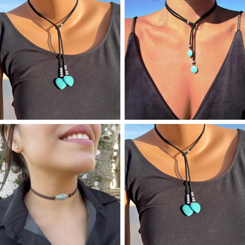 Turquoise Double Layer Flanelle Rope Necklace Artistic Retro
