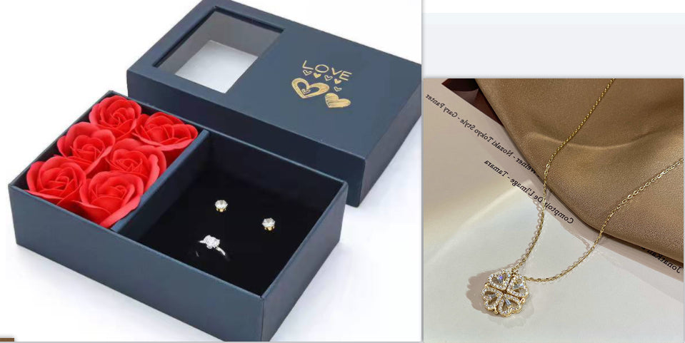 Folding Heart Shaped Four Leaf Clover Pendant Necklace Women