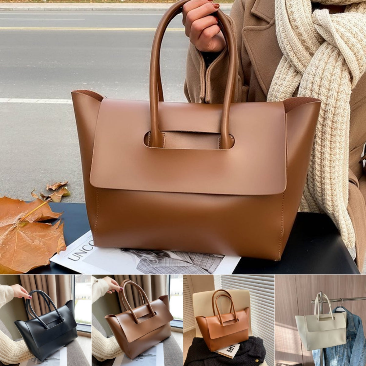 Women’s large retro tote handbag, simple solid-color design.