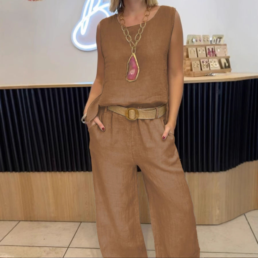 Women's Casual Round Neck Vest Cotton Linen Sleeveless Trousers Two-piece Suit
