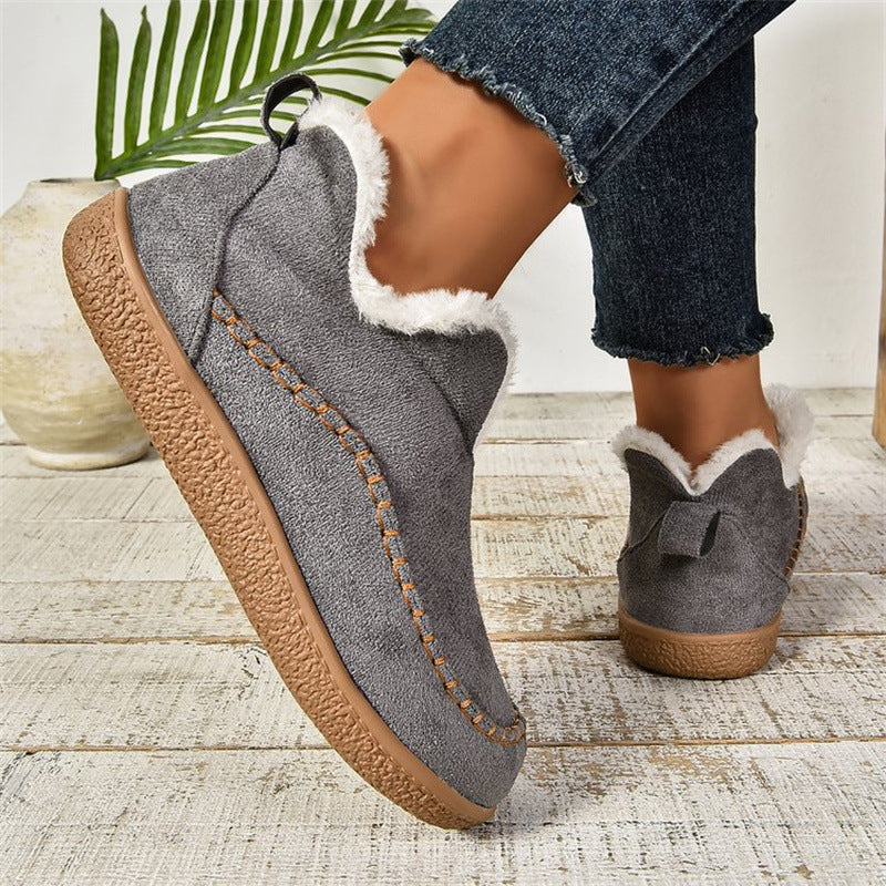 Women’s V-cut plush ankle boots, warm suede winter snow shoes.