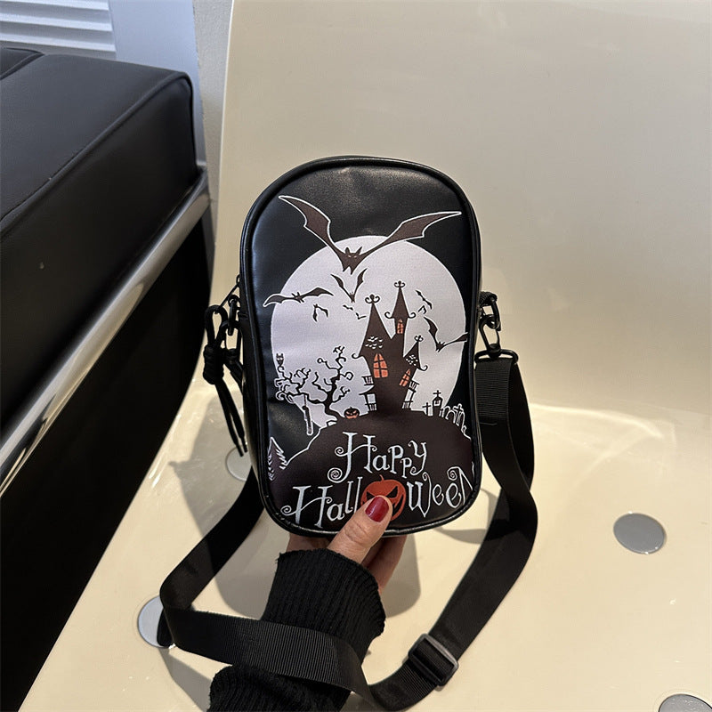 Mini Halloween cartoon crossbody bag with pumpkin, ghost, and bat print.
