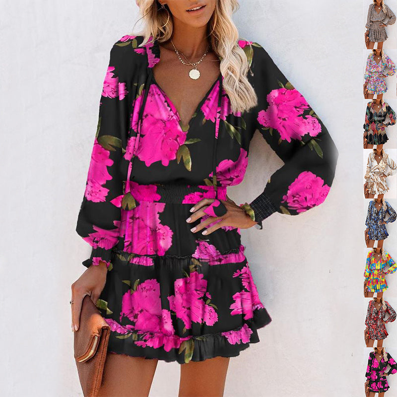 Flowers Print Long Sleeve Dress Fashion