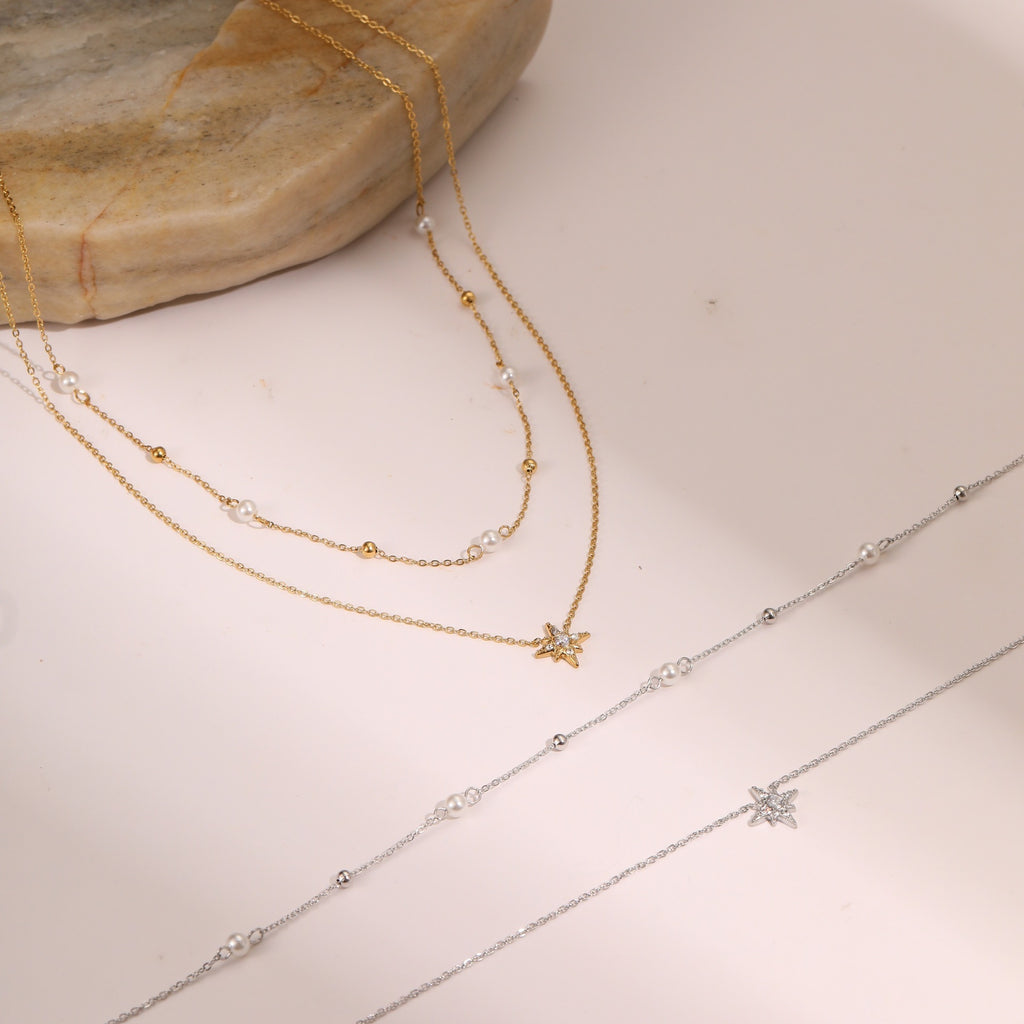 Double-layer Six-pointed Star Rhinestone Pearl Stainless Steel Necklace 18K Gold Plating Ins Design Sense