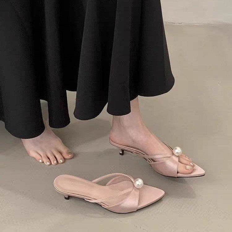 Women's Pearl Pointed-Toe High Heel Mules