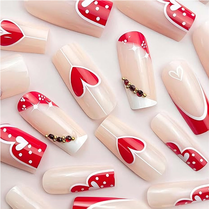 24pcs Red White Heart Nails