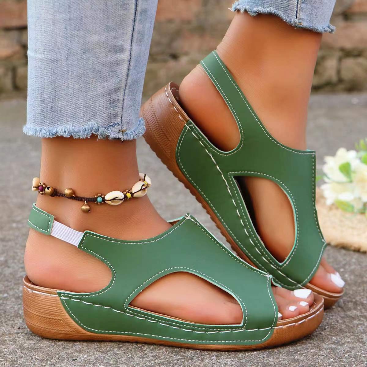 Women’s elastic band wedge sandals with peep toe, casual summer style.