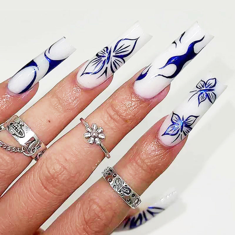 24pcs Blue Butterfly Nails