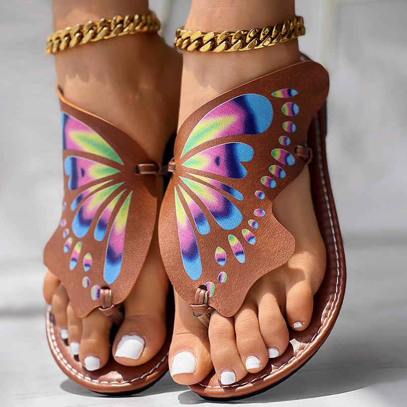 Women’s butterfly print flip flops, comfortable casual summer beach wear.