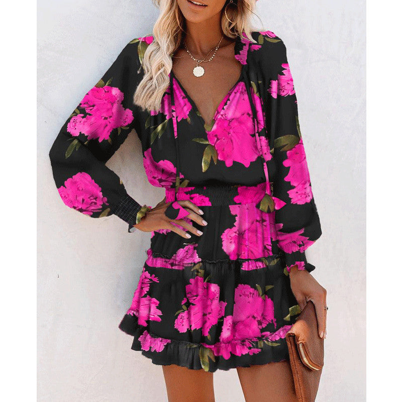 Flowers Print Long Sleeve Dress Fashion