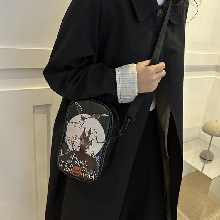 Mini Halloween cartoon crossbody bag with pumpkin, ghost, and bat print.