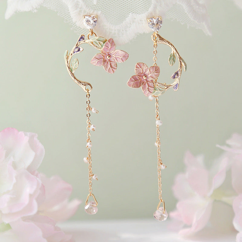 Flower Long Earrings Wild Red Rose Flower Long Rhinestone Tassel Earrings Earrings