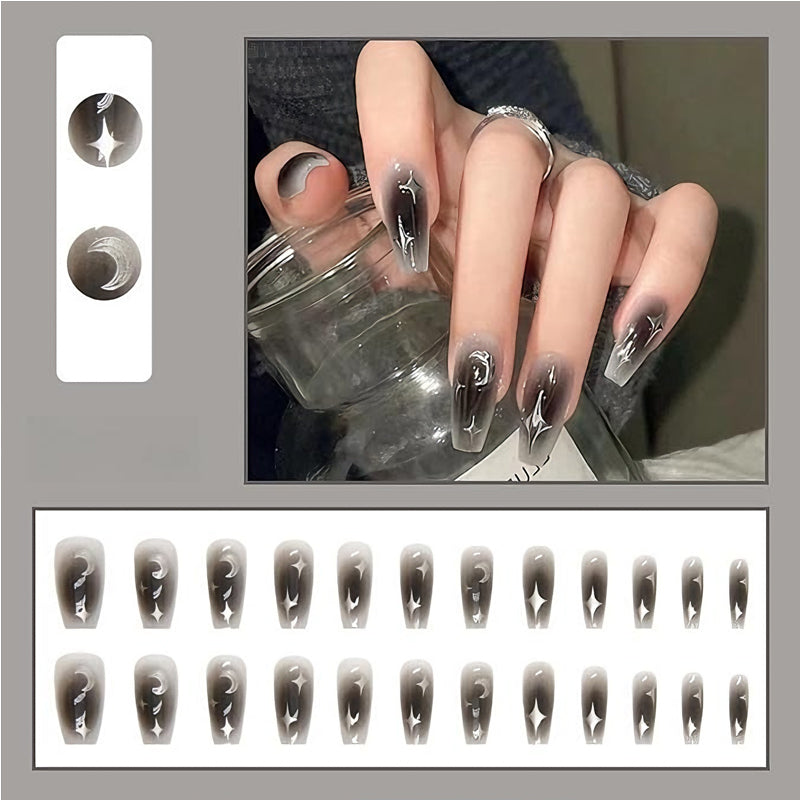 24pcs Black Silver Star Nails