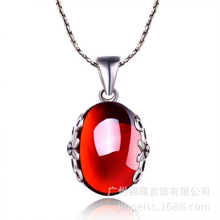 S925 sterling silver jewelry set retro gorgeous red zircon bridal jewelry, high-end fashion silver