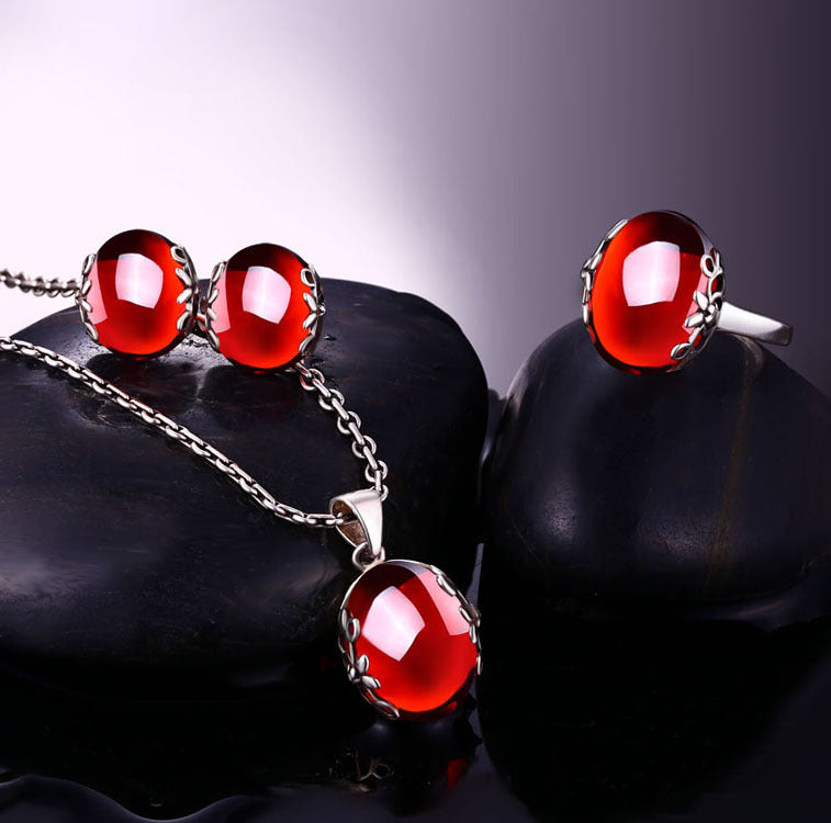 S925 sterling silver jewelry set retro gorgeous red zircon bridal jewelry, high-end fashion silver