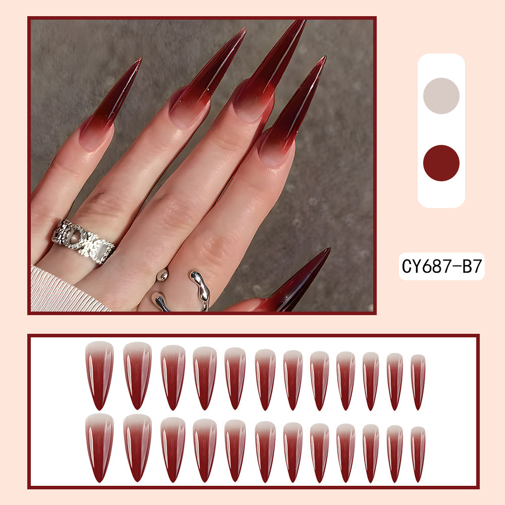 Wine Red Gradient Almond Nails