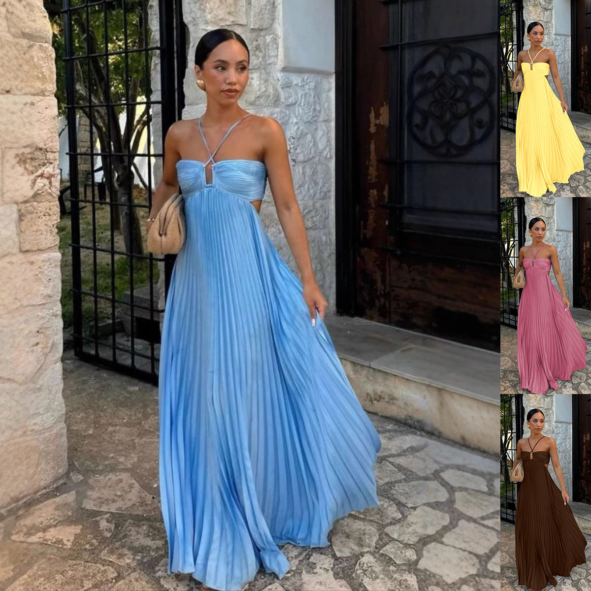 Pleated Hollow Halter Dress