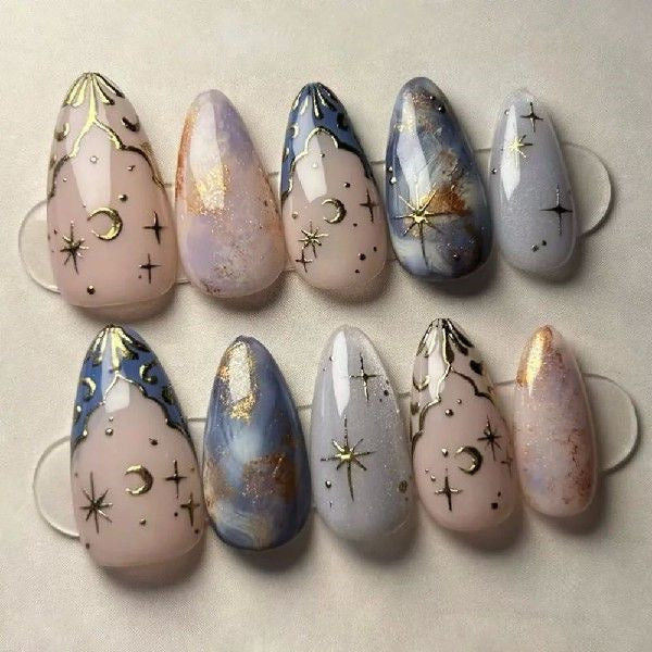 24pcs Almond Flower Aurora Nails