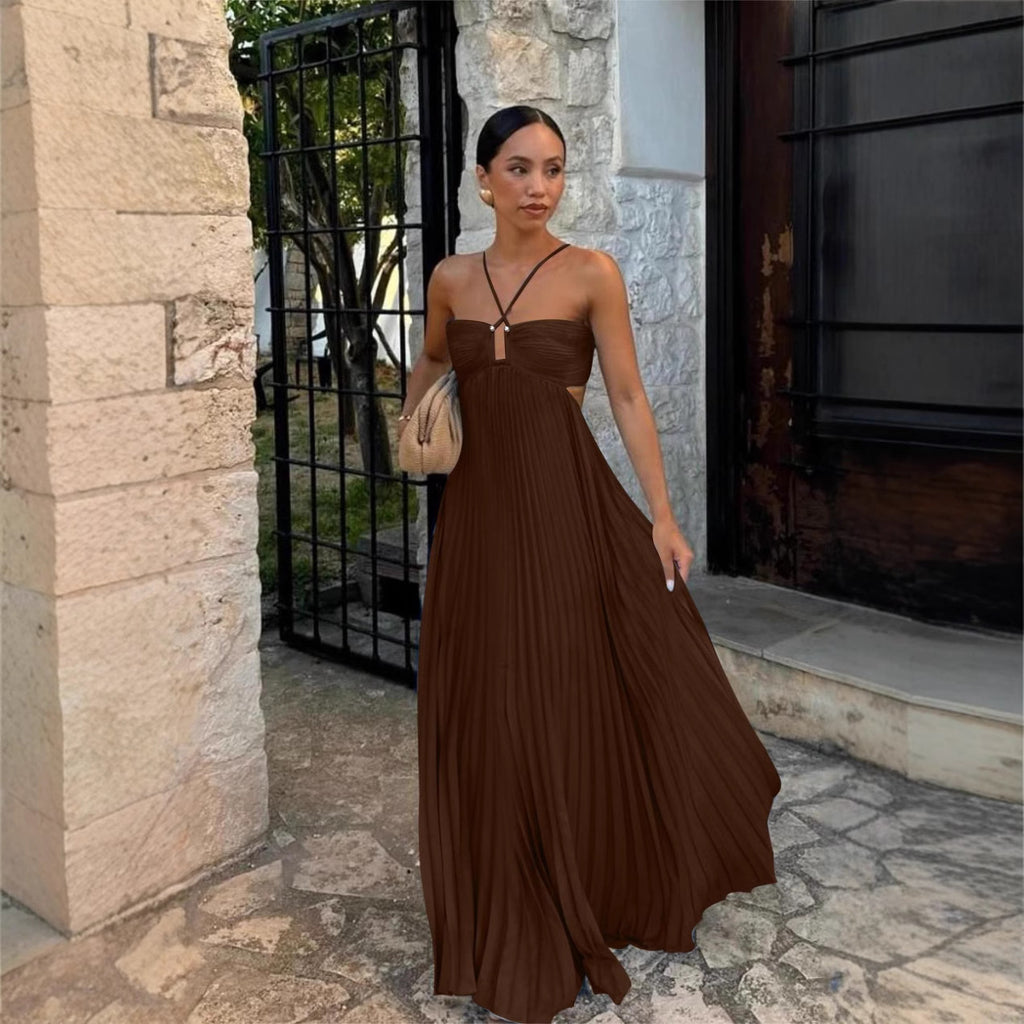 Pleated Hollow Halter Dress