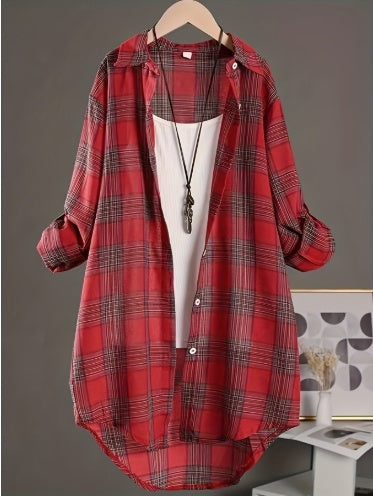 Oversized Long-Sleeve Plaid Top
