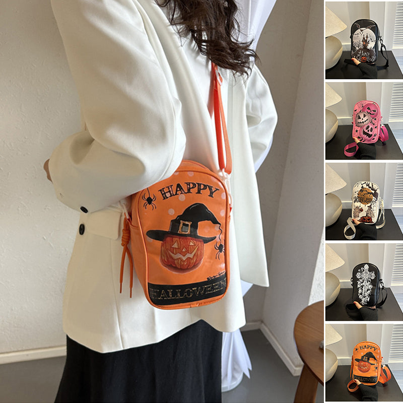 Mini Halloween cartoon crossbody bag with pumpkin, ghost, and bat print.