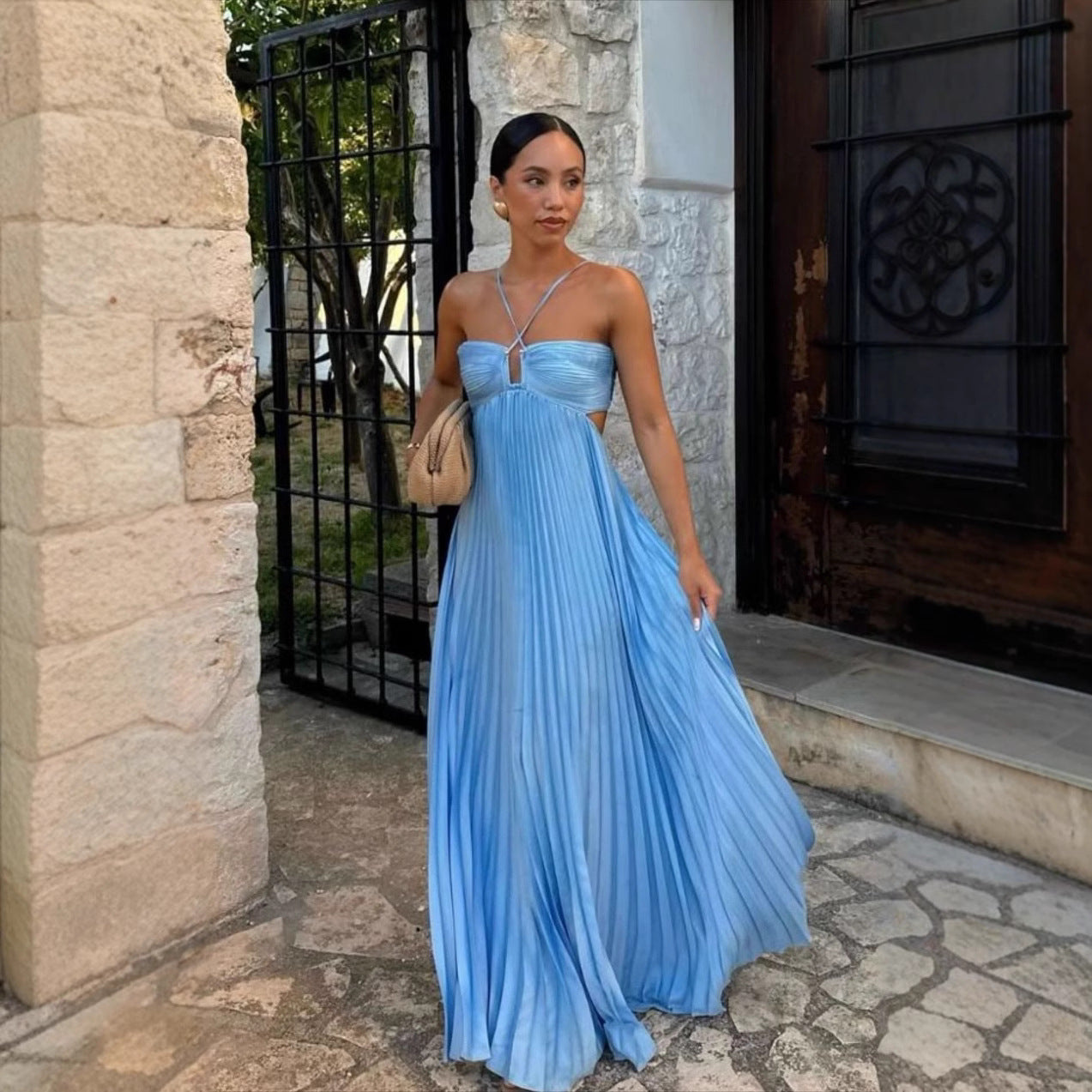 Pleated Hollow Halter Dress