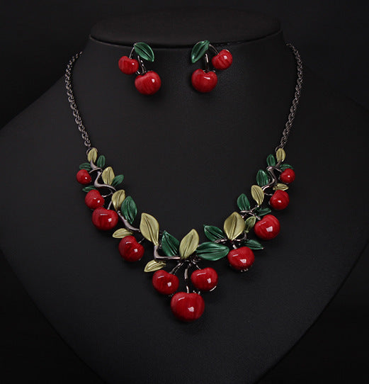 cherry necklace, earrings set, bride temperament accessories