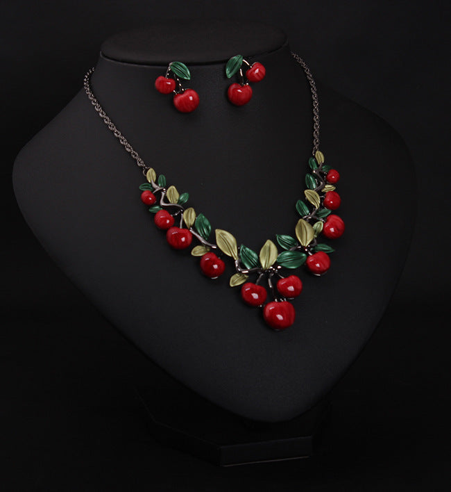 cherry necklace, earrings set, bride temperament accessories