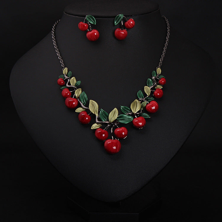 cherry necklace, earrings set, bride temperament accessories