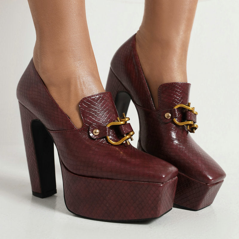 Women's Snake-print Block-heel Shoes With A Square Toe And Chunky Heel
