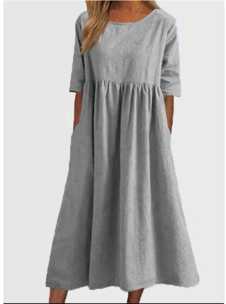 Women's Fashion Casual Cotton Linen Short Sleeve Pocket Dress