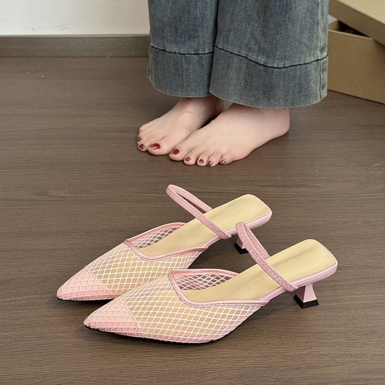 Women's Pink Mesh Pointed Toe Kitten Heel Mules
