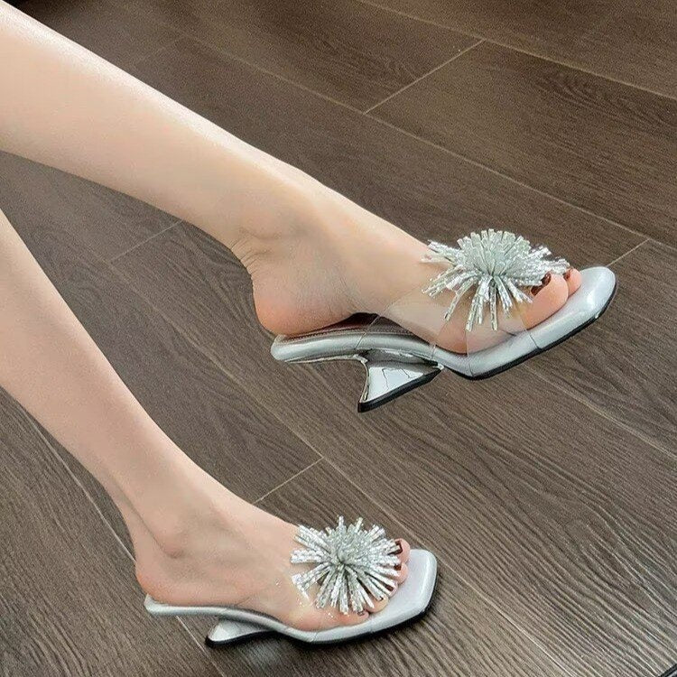Luxury crystal sandals with clear straps, square toe, and kitten heel for summer.