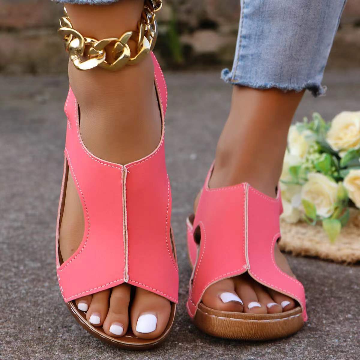 Women’s elastic band wedge sandals with peep toe, casual summer style.