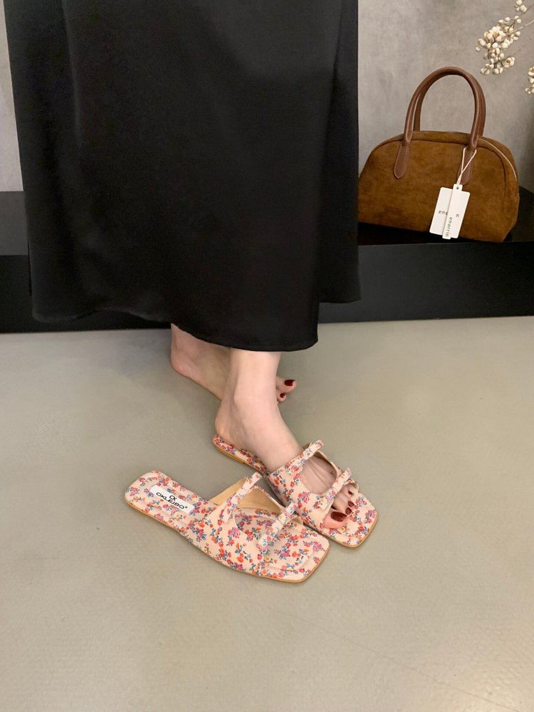 Women's Korean Bow Square-Toe Flat Slide Sandals