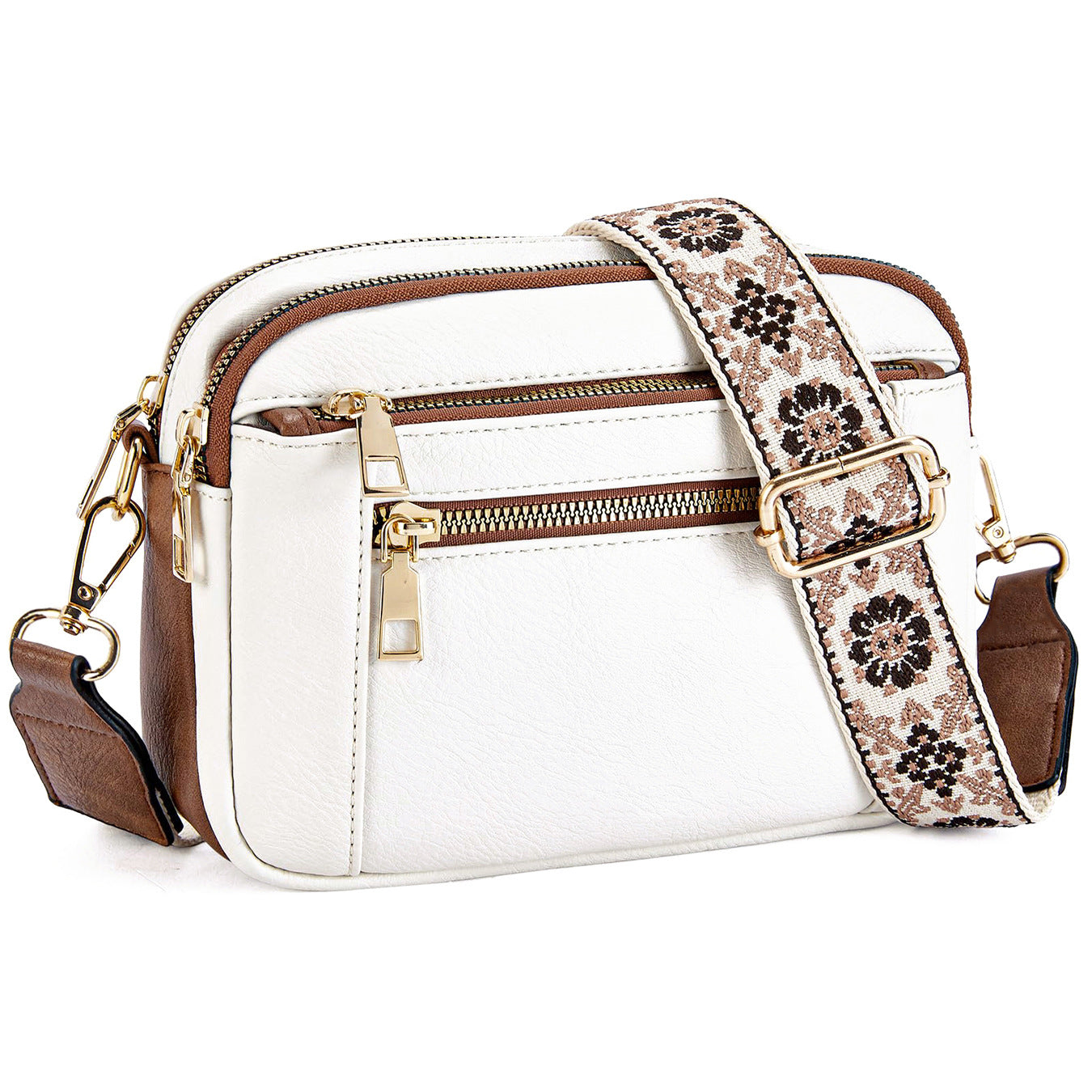 Women’s triple-zip colorblock crossbody bag with embroidered strap.