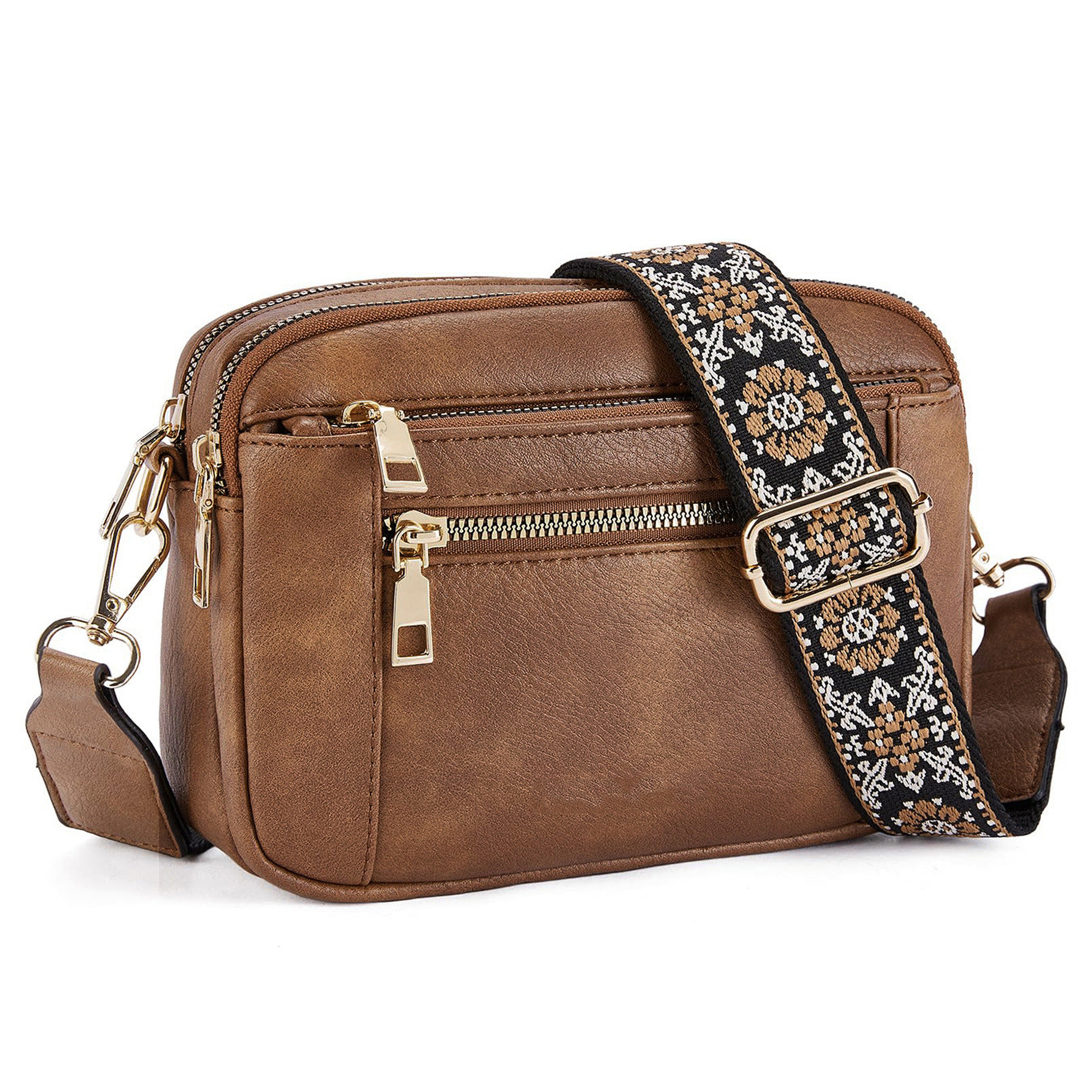 Women’s triple-zip colorblock crossbody bag with embroidered strap.