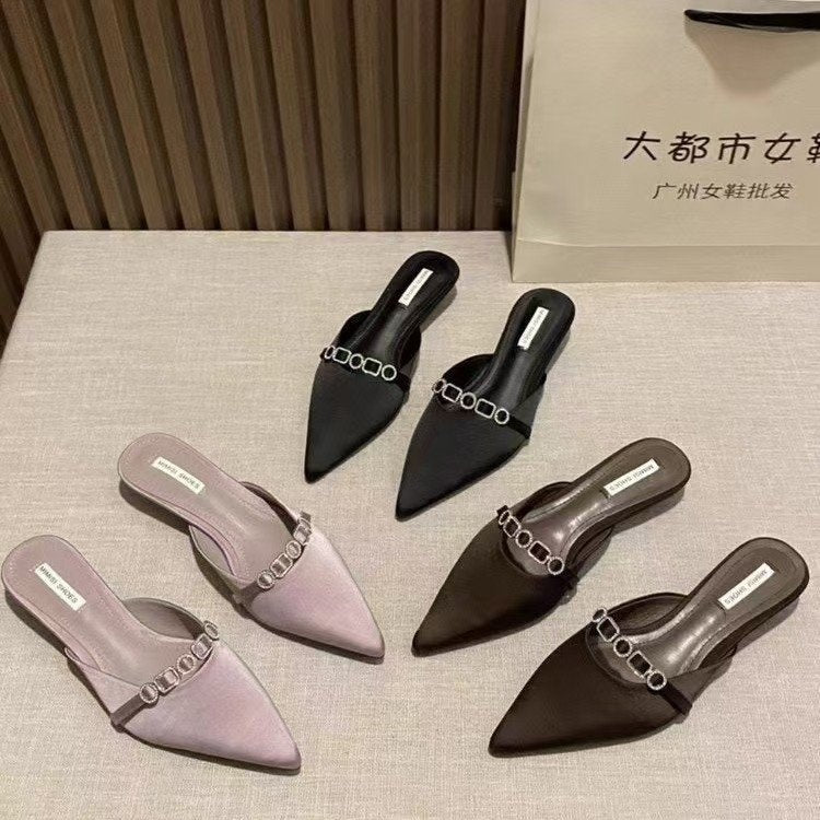 Women's Satin Rhinestone Pointed-Toe Slide Mules