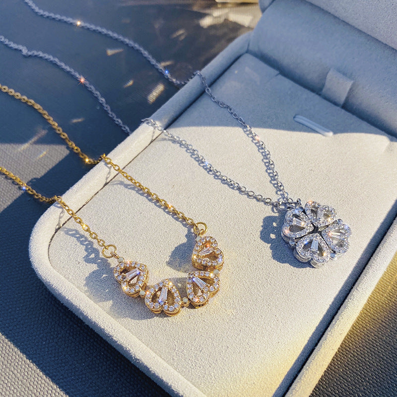 Folding Heart Shaped Four Leaf Clover Pendant Necklace Women