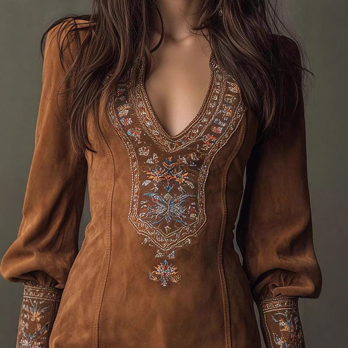 Women's Clothing Long Sleeve V-neck Sexy Dress Embroidery