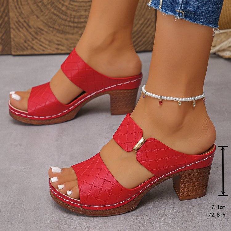 Women’s plaid chunky-heel slide sandals with round toe, stylish summer wear.
