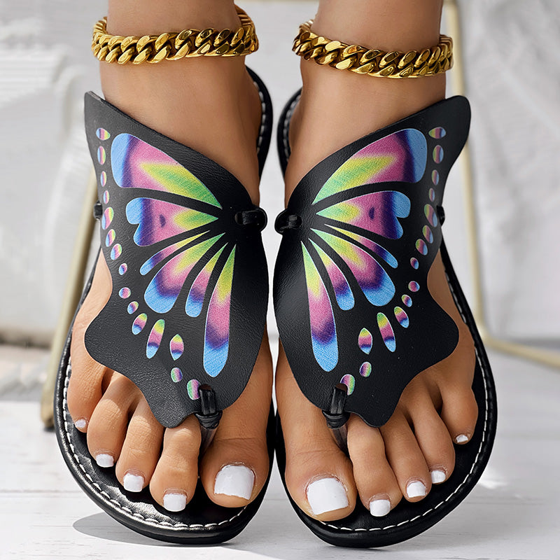 Women’s butterfly print flip flops, comfortable casual summer beach wear.