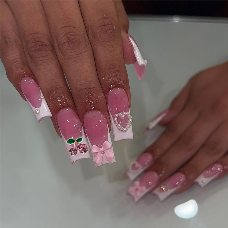 24pcs Cherry Bow Nails