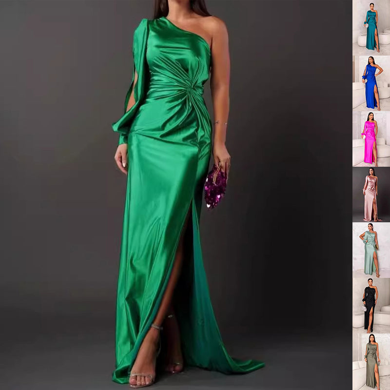 Women's One-shoulder Split Dress Ins Fashion Long-sleeved Slim Long Dresses Party Evening Clothing