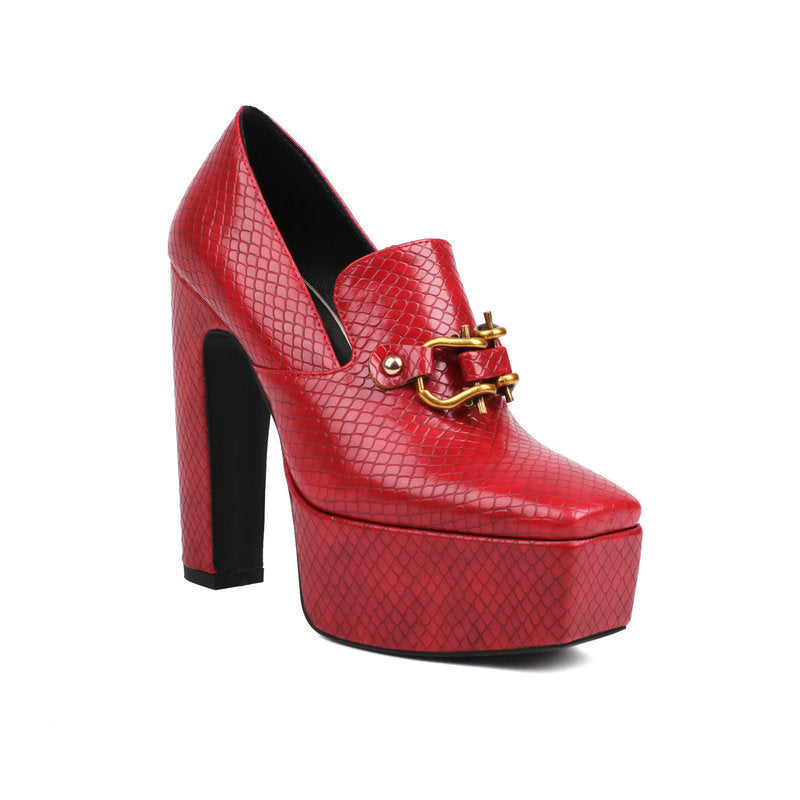 Women's Snake-print Block-heel Shoes With A Square Toe And Chunky Heel