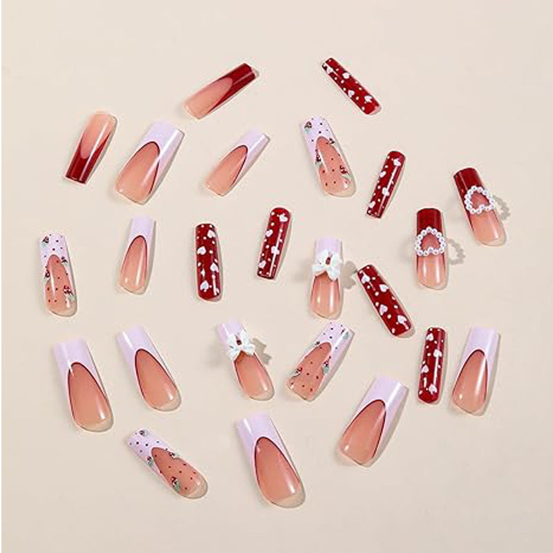 24pcs Strawberry Bow Nails