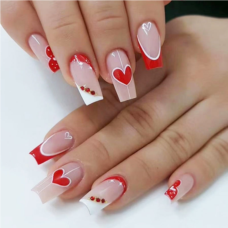 24pcs Red White Heart Nails