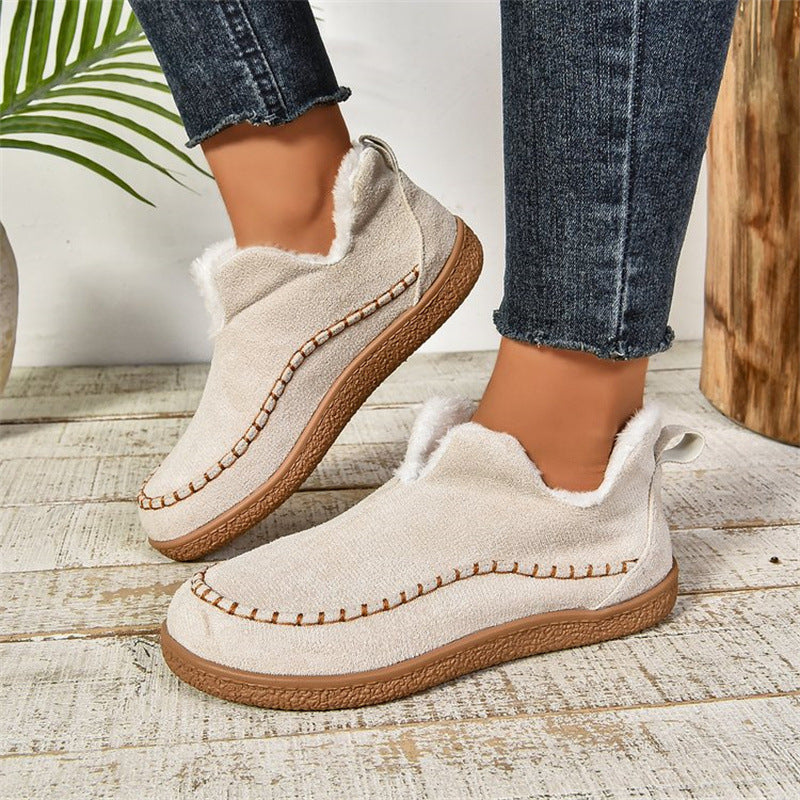 Women’s V-cut plush ankle boots, warm suede winter snow shoes.