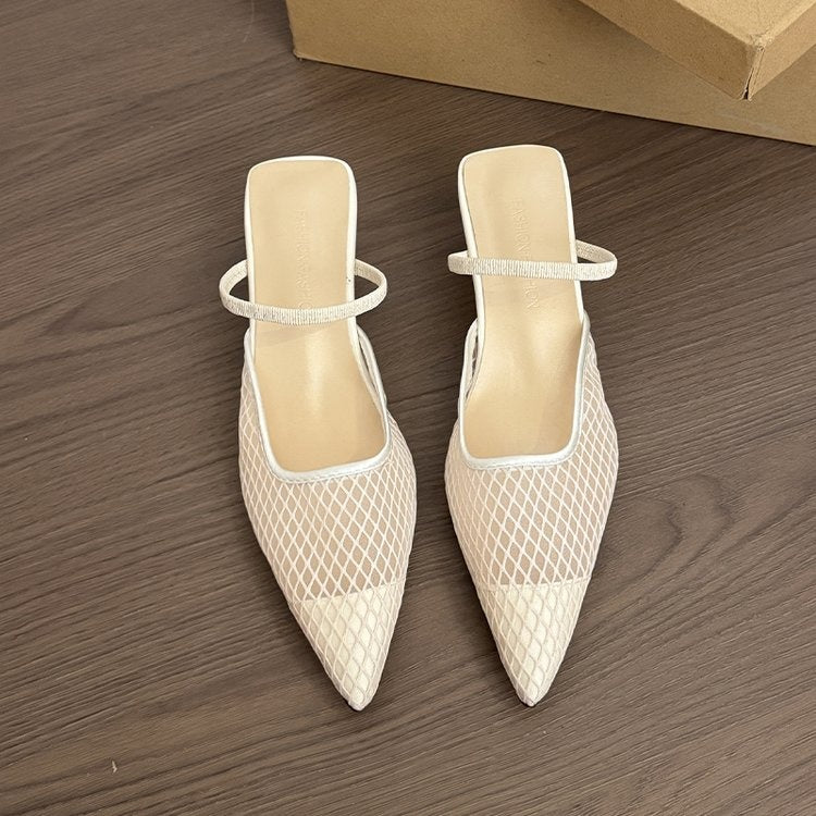 Women's Pink Mesh Pointed Toe Kitten Heel Mules