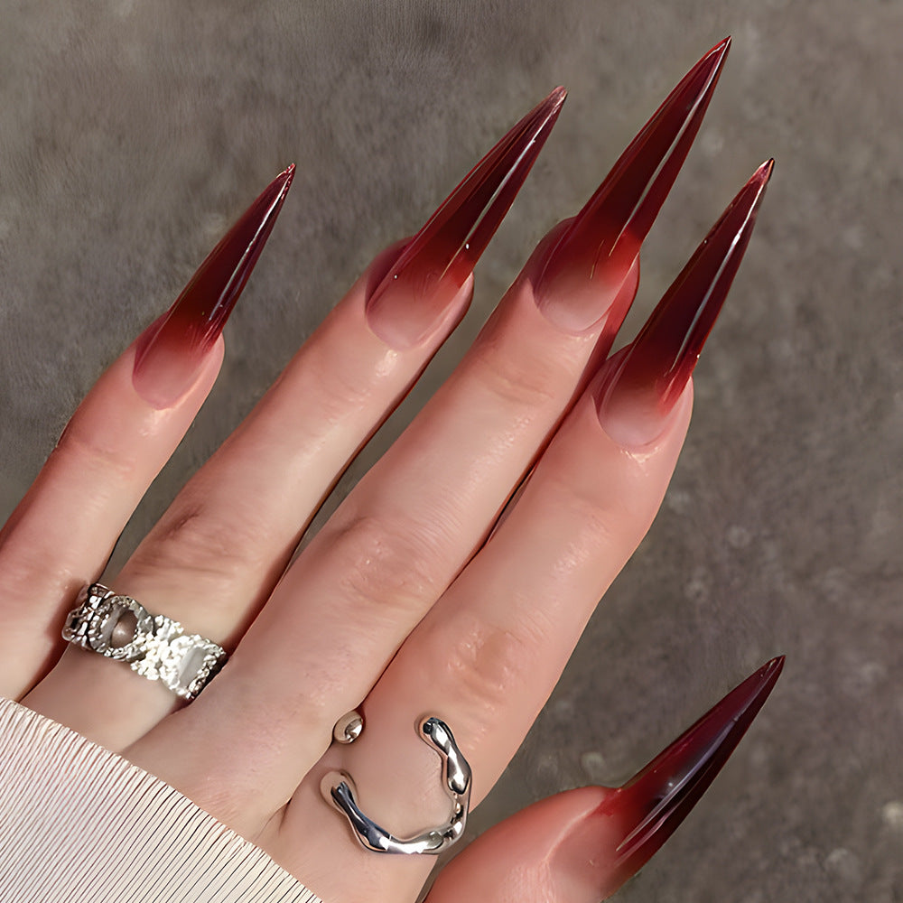 Wine Red Gradient Almond Nails